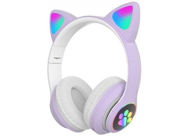 Полноразмерные наушники беспроводные Cat Headset M23 Bluetooth с RGB подсветкой и кошачьими ушками Purple