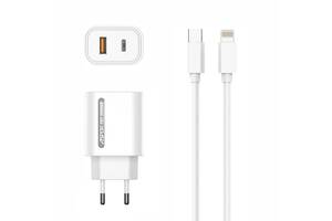 Сетевое зарядное устройство Aspor A806 Fast Charger (USB/USB-C/3A/33W) + кабель Type-C – Lightning- белый