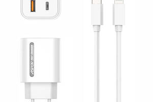 Сетевое зарядное устройство Aspor A806 Fast Charger (USB/USB-C/3A/33W) + кабель Type-C – Lightning- белый