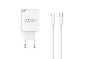 Сетевое зарядное устройство Aspor A826 PD (20W/USB/Type-C) + кабель Type-C – Type-C- белый