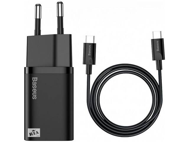 Сетевое зарядное устройство Baseus Super Si Quick Charger 1C 25W EU + cable Type-C to Type-C Black (TZCCSUP-L01) (Код...