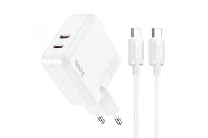 Сетевое зарядное устройство Hoco C110A Lucky 35W PD/QC 3А 2xUSB-C /USB-Type-C to Type-C Cable White