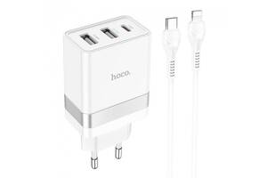 Сетевое зарядное устройство Hoco N21 Pro Tourer 30W (2xUSB + Type-C) + Кабель Type-C to Lightning (white)