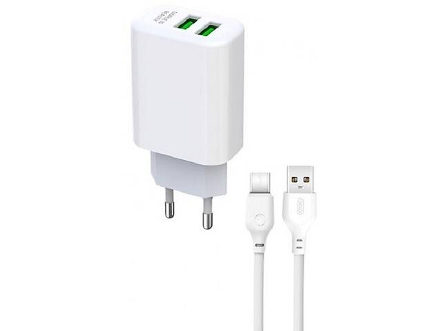 Сетевое зарядное устройство XO L85C Double USB 12W 2.4A + cable Type-C White (Код товара:24429)