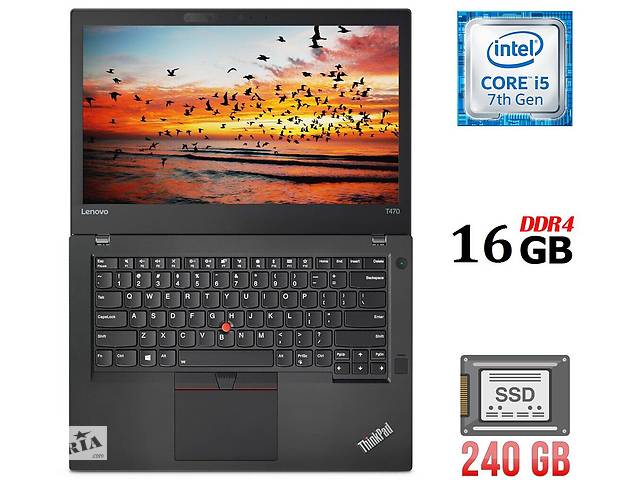 Ультрабук Lenovo ThinkPad T470 / 14' (1920x1080) IPS Touch / Intel Core i5-7300U (2 (4) ядра по 2.6 - 3.5 GHz) / 16 G...