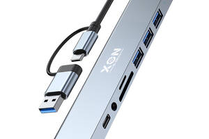 USB-хаб XON SmartHub 9 в 1 Ethernet SD/TF 2xUSB2.0 2xUSB3.0 Type-C 3.5 Audio Серый (UHCHP093322G 5238)