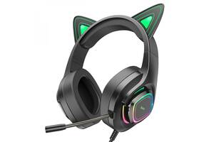 Ігрові дротові навушники з мікрофоном Hoco W107 Cute Cat Ear RGB USB 3.5 мм Green