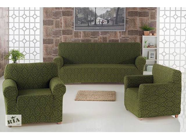 Чехол на диван и два кресла Жаккард Зеленый Milano Karna Турция 50034
