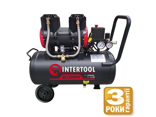 Компресор безмасляний Intertool 24 л, 1.1кВт, 220В, 8атм, 200 л/хв, 2 циліндра PT-0029