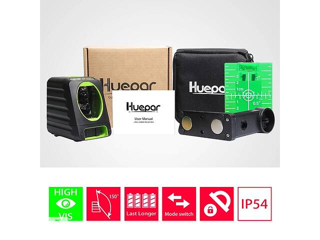 Лазерний рівень Huepar BOX-1G нівелір 2 зелені лінії кронштейн + батарейки антиблікове скло - Фото NaN