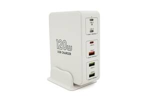 Зарядная станция V-818H мощностью 120W, Output: 3USB+3Type-C, DC:5V/3, 9V/3A,12V/3A, 20V/3.25A, White