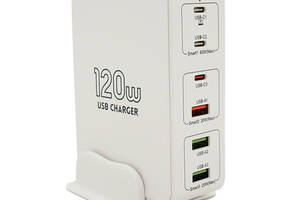 Зарядная станция V-818H мощностью 120W, Output: 3USB+3Type-C, DC:5V/3, 9V/3A,12V/3A, 20V/3.25A, White