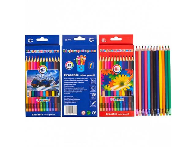 Детские эластичные карандаши для рисования с резинкой CR-777L 12 цветов