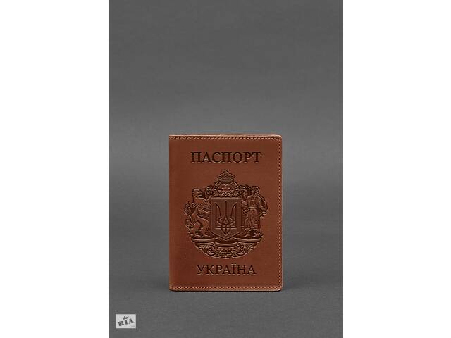 Кожаная обложка для паспорта с украинским гербом светло-коричневая BlankNote
