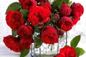 Алмазна мозаїка вишивка Букет червоних троянд у вазі на підрамнику повна 5d 30х30