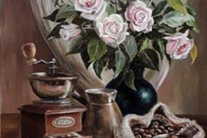 Алмазна мозаїка вишивка Натюрморт з кавою, Кава та троянди, ароматна кава з трояндою на підрамнику повна 5d 30х40