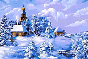 Алмазна мозаїка вишивка Зимовий пейзаж зима сніг Гай церква хрест на підрамнику повна 30х40