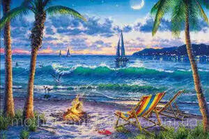 Алмазна вишивка 'Багаття на березі моря' море, місяць, берег, прибій, повна викладка, мозаїка 5d, набори 30х40 см