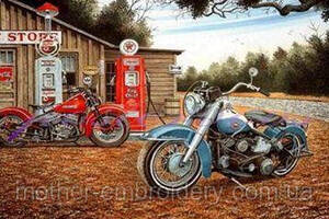 Алмазна вишивка 'Мотоцикли', Harley,заправка,будівля, повна викладка ,мозаїка 5d, набори 30х40 см