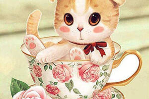 Алмазна вишивка ' Миле кошеня' кішка, квіти, райдужний, чашка, повна викладка, мозаїка 5d, набори 30х30 см