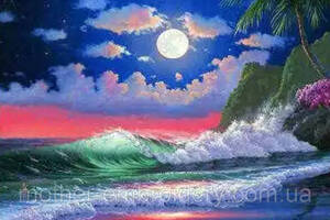 Алмазна вишивка 'Нічне море', море, місяць, берег, прибій, хмари,повна викладка ,мозаїка 5d, набори 30х40 см