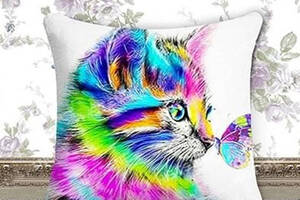 Алмазна вишивка подушка наволочка Кішка та метелик кошеня пухнастий повна викладка мозаїка 5d набори 41х41 см