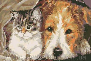 Алмазна вишивка Пухнаста парочка Кіт та собака - найкращі друзі кошеня та щеня мозаїка 5d набори 40х50 см