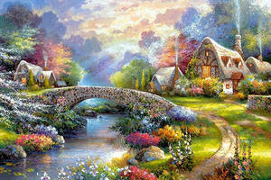 Алмазна вишивка 'Райський куточок' місток, квіти, будиночки повна викладка, мозаїка 5d, набори 30х40 см