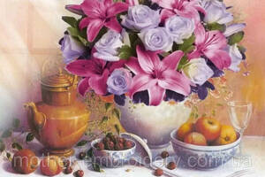 Алмазна вишивка 'Троянди та лілії' ваза стіл натюрморт повна викладка мозаїка 5d набори 30х40 см