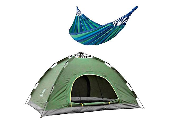 Автоматическая палатка туристическая 4-х местная Easy-Camp водонепроницаемая Зеленая + Гамак подвесной Синий