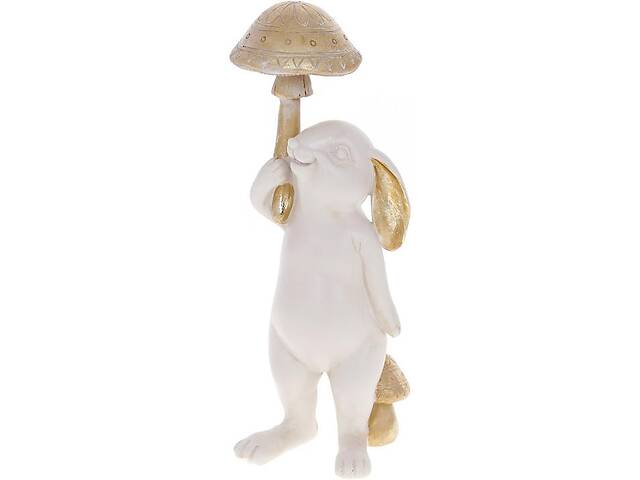 Декоративная статуэтка 'Кролик с грибом' 12х10х28.5см, полистоун, белый с золотом