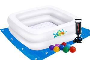 Детский надувной бассейн Bestway 51116-2, белый, 86 х 86 х 25 см, с шариками 10 шт, подстилкой, насосом (hub_qdr17h)