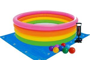 Детский надувной бассейн Intex 56441-2 «Радуга», 168 х 46 см, с шариками 10 шт, подстилкой, насосом (hub_eh45rk)