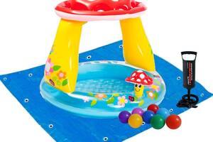 Детский надувной бассейн Intex 57114-2 «Грибочек», 102 х 89 см, с шариками 10 шт, подстилкой, насосом (hub_zjq68j)