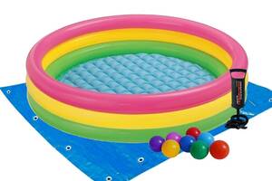Детский надувной бассейн Intex 57412-2 «Радужный», 114 х 25 см, с шариками 10 шт, подстилкой, насосом (hub_g6xo8p)
