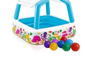 Детский надувной бассейн Intex 57470-1 «Аквариум» со съемным навесом, 157 х 157 х 122 см, с шариками 10 шт (hub_b215i7)
