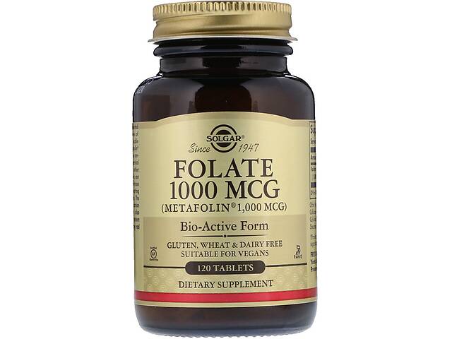 Фолиевая кислота, Folate, Solgar, фолат, 1000 мкг, 120 таблеток