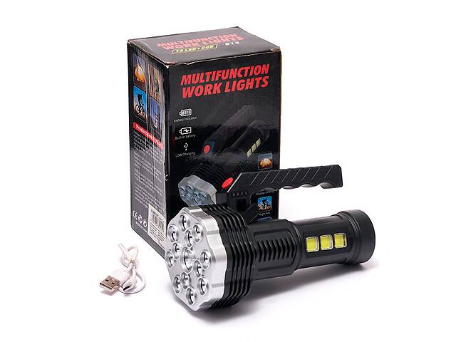 Фонарь ручной аккумуляторный Multifunction Work Lights-913 с ручкой USB зарядка 13 LED+COB Чёрный LS-005