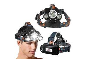 Фонарик налобный High Power HeadLamp 3xCree T6 с 3 диодами на аккумуляторах + зарядка 12В на micro USB