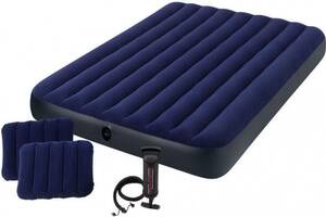 Матрас двухместный надувной с 2 подушками и ручным насосом Intex Classic Downy Airbed 64765 152х203х25 см Blue (011057)