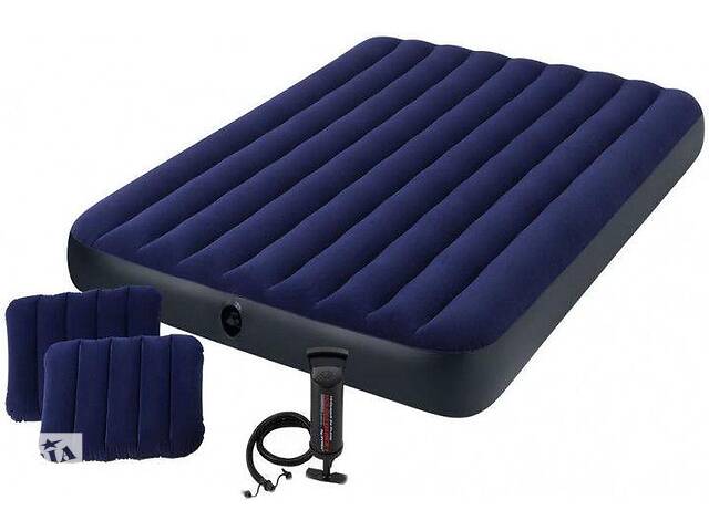 Матрас двухместный надувной с 2 подушками и ручным насосом Intex Classic Downy Airbed 64765 152х203х25 см Blue (011057)