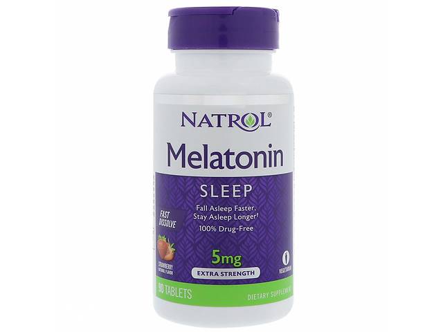 Мелатонин, Natrol, Melatonin, быстрорастворимый, вкус клубники, 5 мг, 90 таблеток (1295)