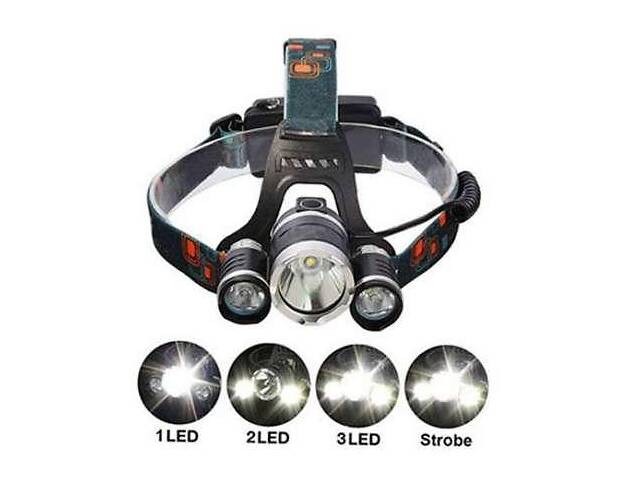 Мощный налобный фонарь аккумуляторный с 3 LED лампами для рыбалки и кемпинга, 4 режима работы Bailong BL-RJ-3000-T6 ч...
