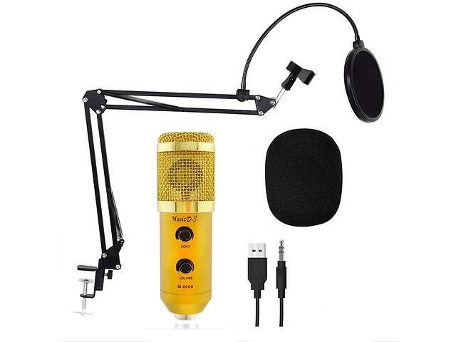 Микрофон студийный конденсаторный Music D.J. M-800U со стойкой и ветрозащитой Gold