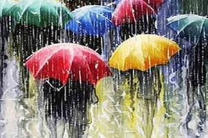 Набір Алмазна мозаїка вишивка Кольорові парасольки та дощ на підрамнику повна 5d 30х30