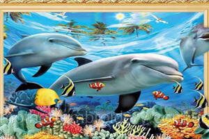 Набір Алмазна мозаїка вишивка Сім'я дельфінів море риф риба на підрамнику повна 5d 40х50