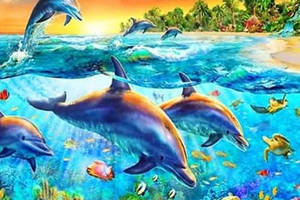 Набір Алмазна мозаїка вишивка Сім'я дельфінів море риф риба на підрамнику повна 5d 30х30