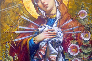 Набір Алмазна мозаїка вишивка Свята Ікона Богородиця Семистрільна Охапкін на підрамнику повна 5d 40х50