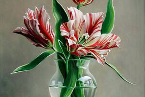 Набір Алмазна мозаїка вишивка Тюльпани у вазі Червоні тюльпани символом любові на підрамнику повна 5d 40х50