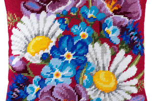 Набір для вишивання подушки хрестом Букет із польових квітів Страмін із пряжею Zweigart напівхрест 40х40 см
